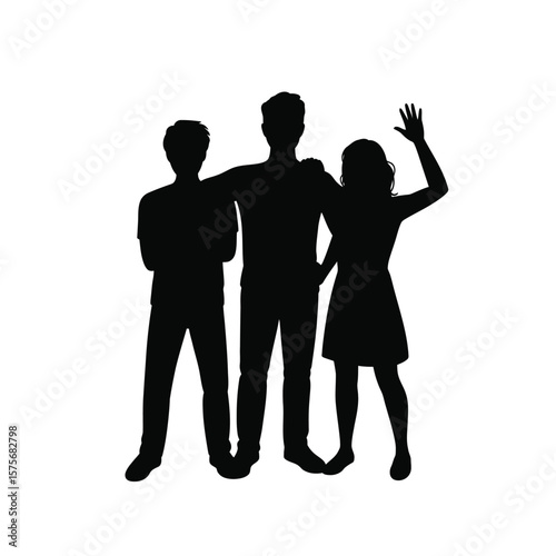 Silhouette of Three People Standing Together with Raised Hand
