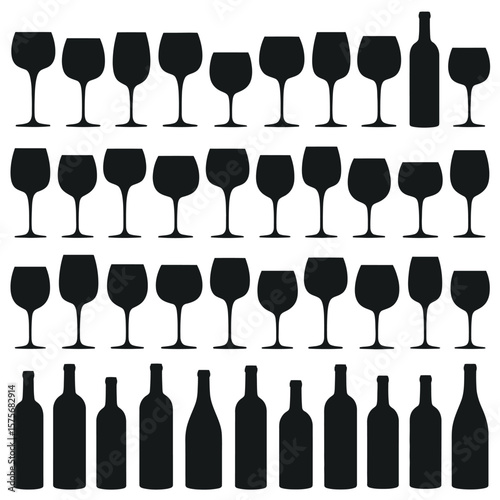 Silhouettes of Wine Glasses and Bottles Arranged in Rows