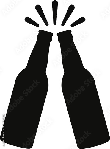 Two Black Beer Bottles Clinking with Burst cheers celebration