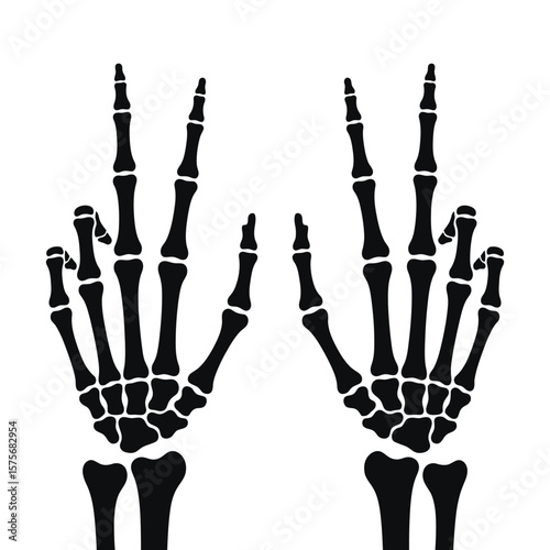Two Black Skeleton Hands Showing Peace Sign on White