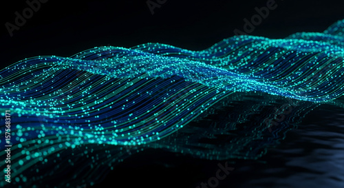 Abstract image of teal and blue glowing lines forming waves, creating a dynamic and technological feel, suitable for digital or tech-related concepts