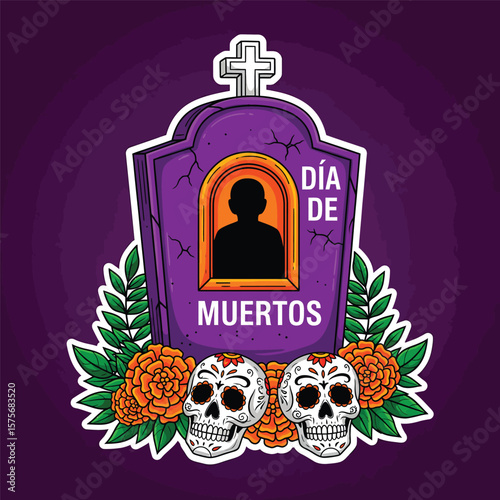 Dia de muertos tombstone with skulls and marigolds illustration