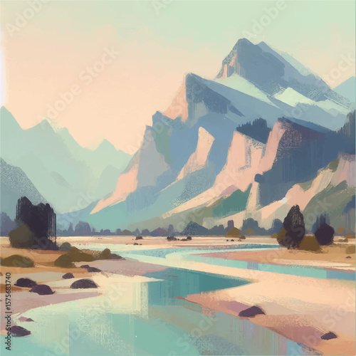 A stream in the steppes against the background of mountains. Illustration in the style of oil painting. Vector graphics. EPS.
