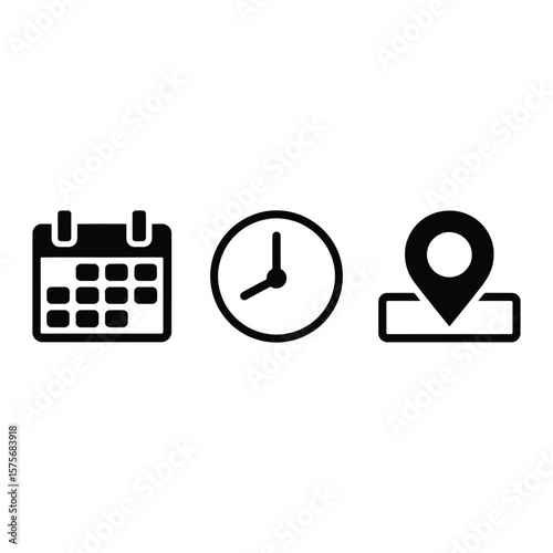 Black Calendar Clock and Location Pin Icons on White Background