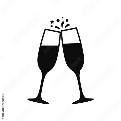 Black Champagne Glasses Clinking with Bubbles and Star