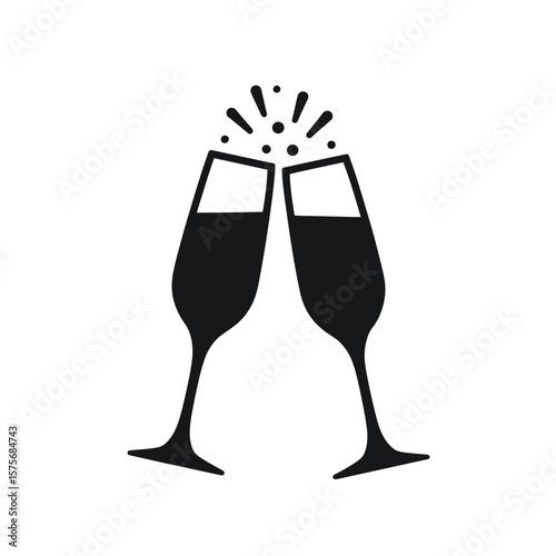 Two Black Champagne Glasses Clinking with Bubbles toast