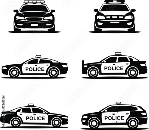 Black and White Police Car Silhouettes Front and Side Views