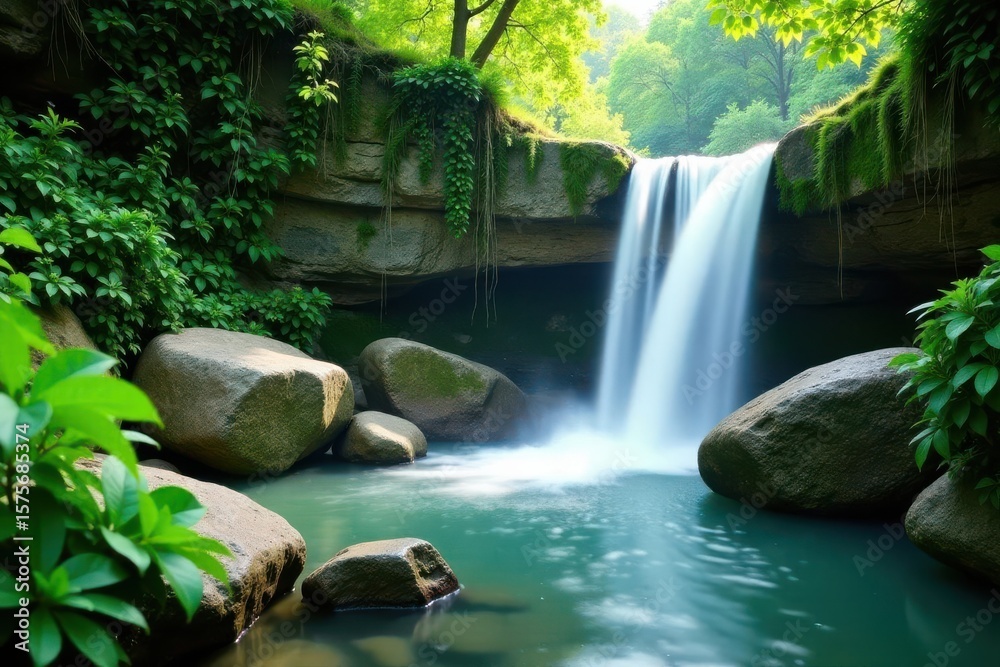 Naklejka premium Gentle waterfall feature, lush greenery, stone textures , rocks, wellbeing, calm