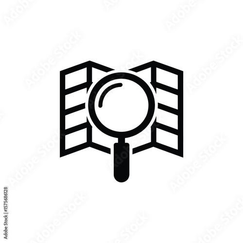 Black Map and Magnifying Glass Icon on White Background