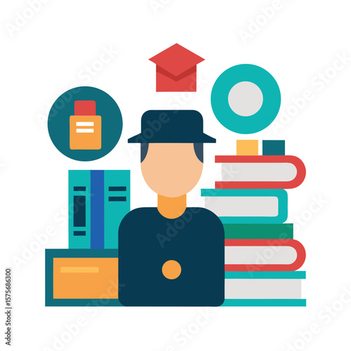 Education and learning concept with books graduation cap and student icon