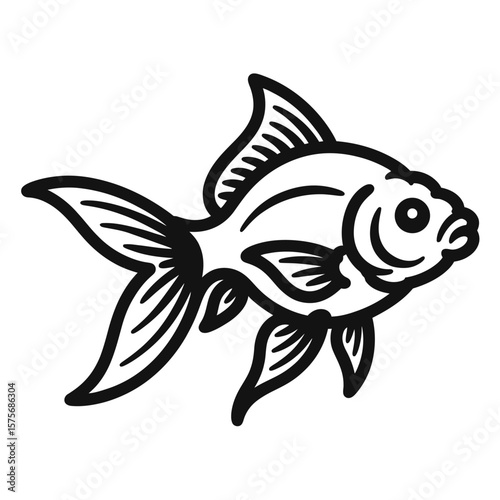 Black Outline Illustration of a Goldfish on White Background