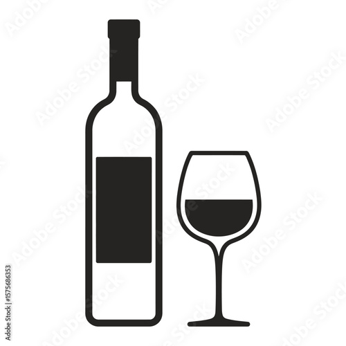 Black Wine Bottle and Glass Icon on White Background