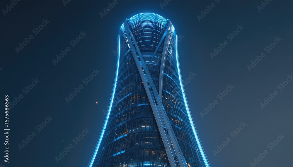 Naklejka premium Modern skyscraper illuminated with vibrant blue lights against a dark night sky
