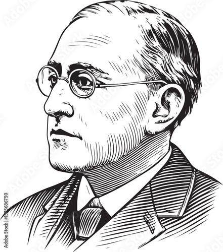 Middle Age Man in Round Glasses Portrait Vector Illustration, Sketch Drawing Line Linear Symbol Icon Engraving Coloring Book, Hand-drawn Black and White Isolated
