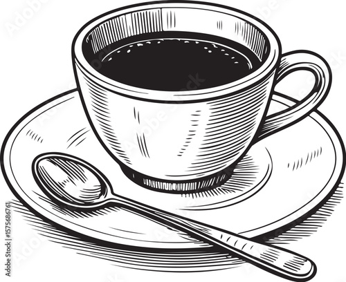 A cup of coffee on a saucer with a spoon Vector Illustration, Sketch Drawing Line Linear Symbol Icon Engraving Coloring Book, Hand-drawn Black and White Isolated