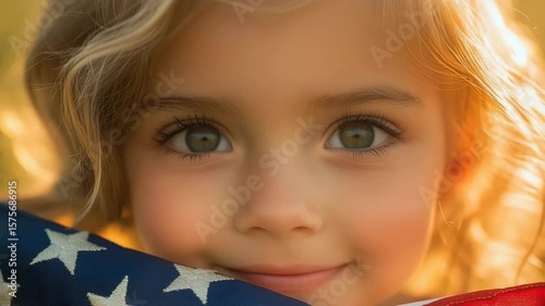 Young girl smiling while holding American flag in natural light  