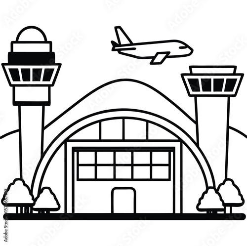 Airport. Lineart black and white vector illustration with air terminal and airplanes