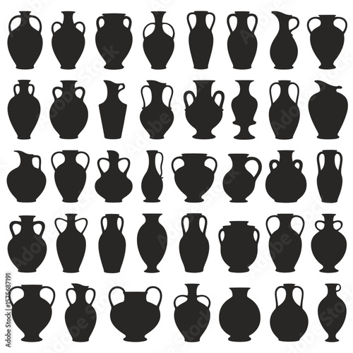 Black Silhouettes of Various Ancient Amphorae and Vessels