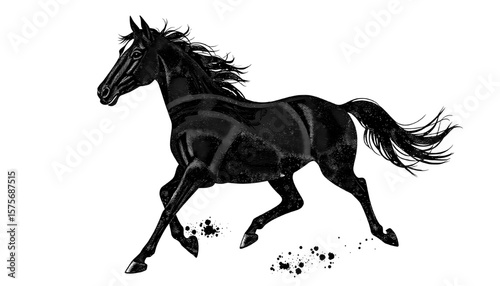 galloping black horse illustration with splatter effect on transparent background