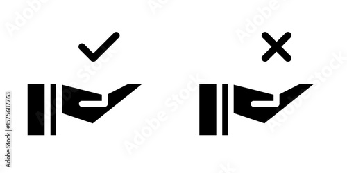 icon of open hands with check mark and cross above. Represents approval and rejection, accepted and denied, verified and error, success and failure.