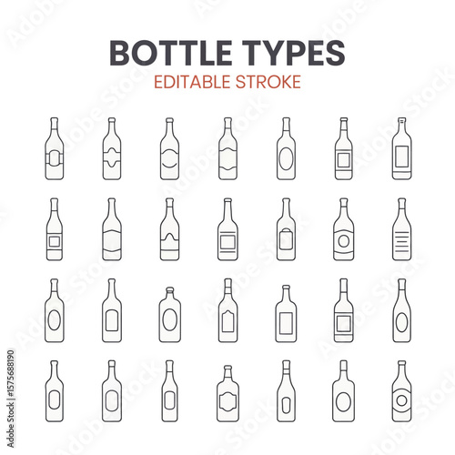 Collection of Thirty- Six Bottle Types in Line Art Style