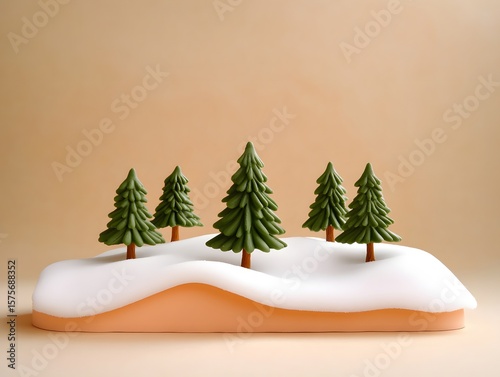 Miniature Winter Wonderland Scene with Five Green Pine Trees on Snow Covered Hill