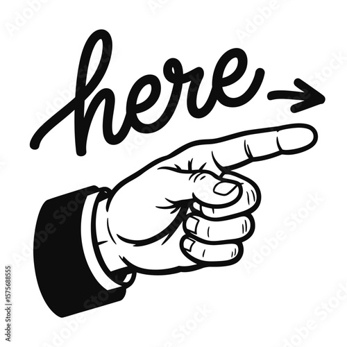 Hand Pointing Right with Here Text direction arrow