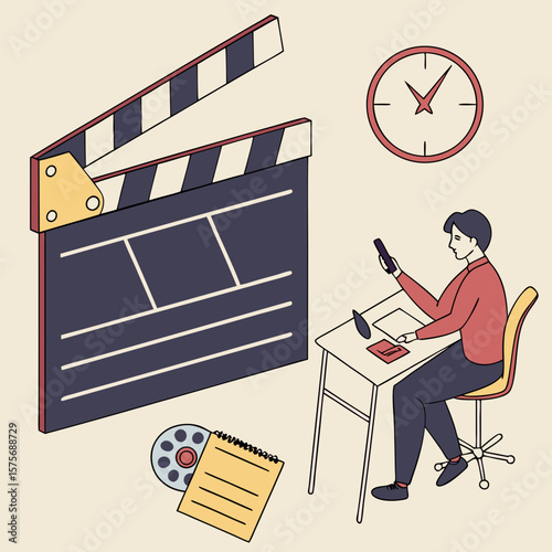 Filmmaking workspace with clapperboard and desk setup