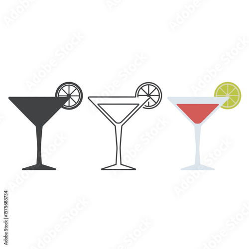 Martini Cocktail Illustrations in Black Outline and Color