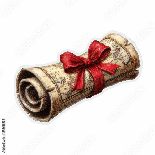 Antique Map Scroll Tied with a Red Ribbon A Gift