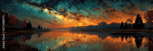 Starlit sky and reflective river create a serene landscape at dusk with vibrant colors in the distance