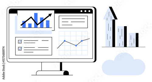 Monitor displaying charts, growth metrics, and analytics. Upward arrow, bar graph, cloud symbolizing progress. Ideal for data analysis, business strategy, growth tracking finance success planning