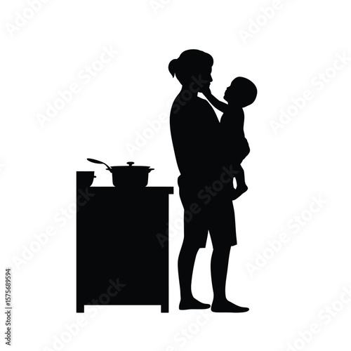 Silhouette of Mother Holding Baby Near Kitchen Counter