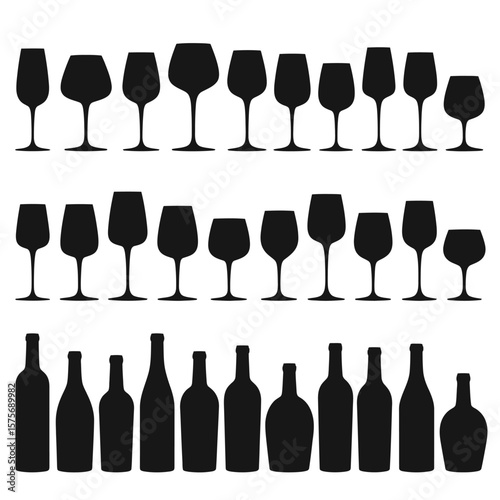 Silhouettes of Wine Glasses and Bottles in Black vector