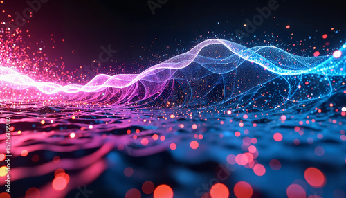 An abstract digital waveform with glowing particles in vibrant pink and blue colors, creating a sense of dynamic flow and technology. - Generic AI Image