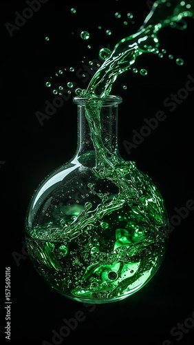 Green liquid being poured into a round bottom flask against a dark black background scene view