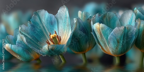 Beautiful turquoise flowers with intricate details resting on a reflective surface in a serene environment