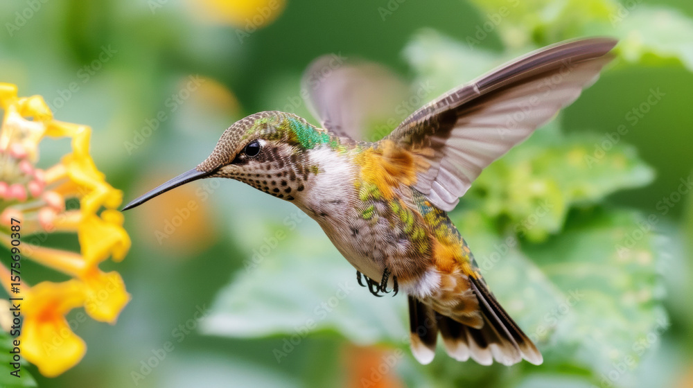 Fototapeta premium Beautiful hummingbird flying and sucking nectar from flowers meadow in forest