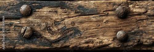 Weathered wooden plank with rusty nails showcases rustic charm and history of craftsmanship