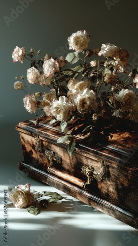 Decorative wooden box adorned with dried roses creating an artistic arrangement in soft lighting