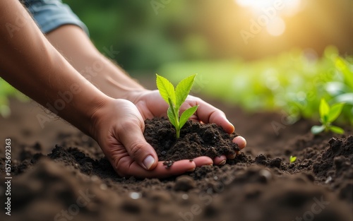 Hand of farmer inspecting soil health before planting in organic farm. Soil quality Agriculture, gardening concept. High quality