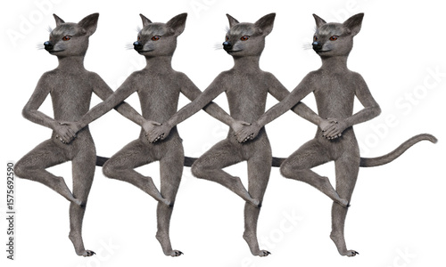 Four grey anthropomorphic creatures, resembling mice, perform the dance of the cygnets. 3d rendering on transparent background, no AI used