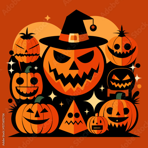Spooky halloween pumpkins with a witch hat and starry background illustration