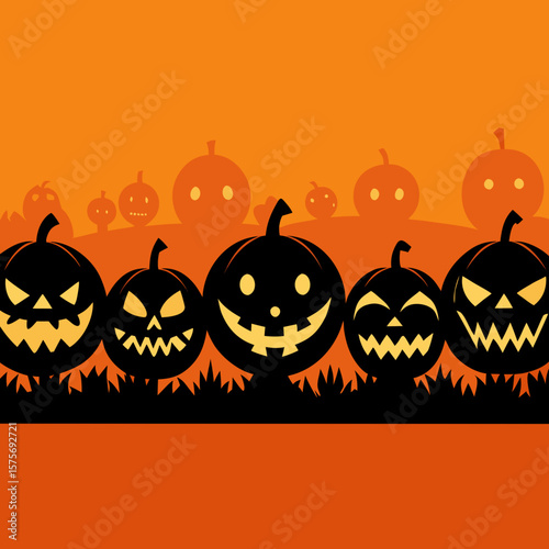 Row of silhouetted halloween jack o lanterns with spooky faces on orange background