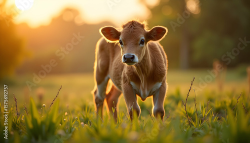 Adorable calf standing in a sun-drenched meadow at sunset capturing a moment of serenity