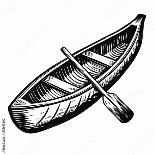 Isolated canoe with paddle resting inside, on white backdrop. Detailed canoe illustration, perfect for nautical themes and outdoor adventure. Use this beautiful canoe to represent travel adventures,