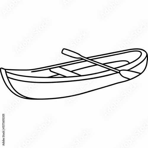 Simple canoe outline image with paddle for coloring page. This canoe illustration shows design of river boat with paddle and outline, ready to be colored in.