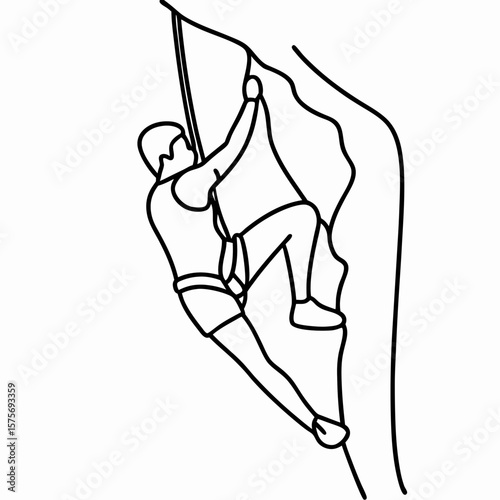 Man climbing a rock face shown in minimalist line art. Climbing requires stamina, skill, and proper safety equipment to reach summit of peak, person climbing shows an extreme sport.