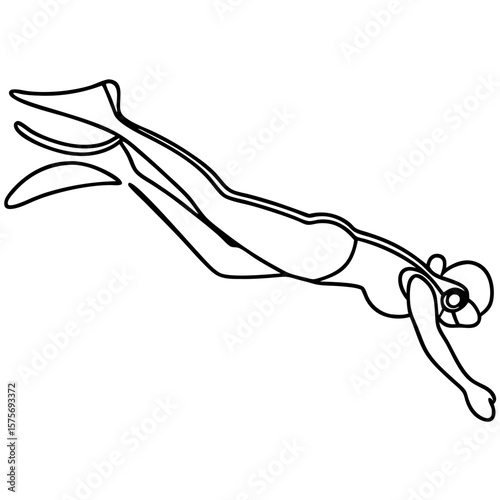 Diving adventure depicted in single line art, showing diver swimming underwater. Diving is graceful sport, with woman in flippers enjoying diving and exploring marine life.