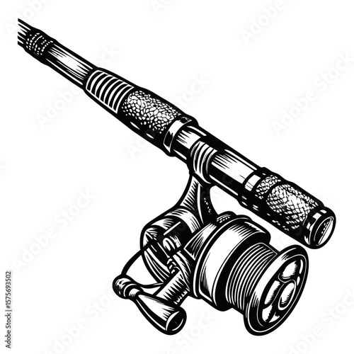 Angled fishing-rod illustration in detailed black and white, showing reel and handle. Vintage fishing-rod image emphasizes texture and gear, making it perfect for fishing equipment advertising.